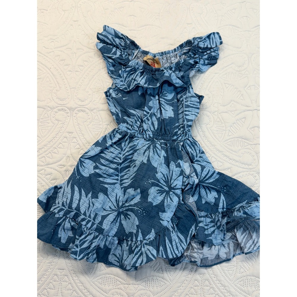 Hawaii Station Blue Floral Hibiscus Ruffle Cotton Dress Girls Size 2 Made in USA